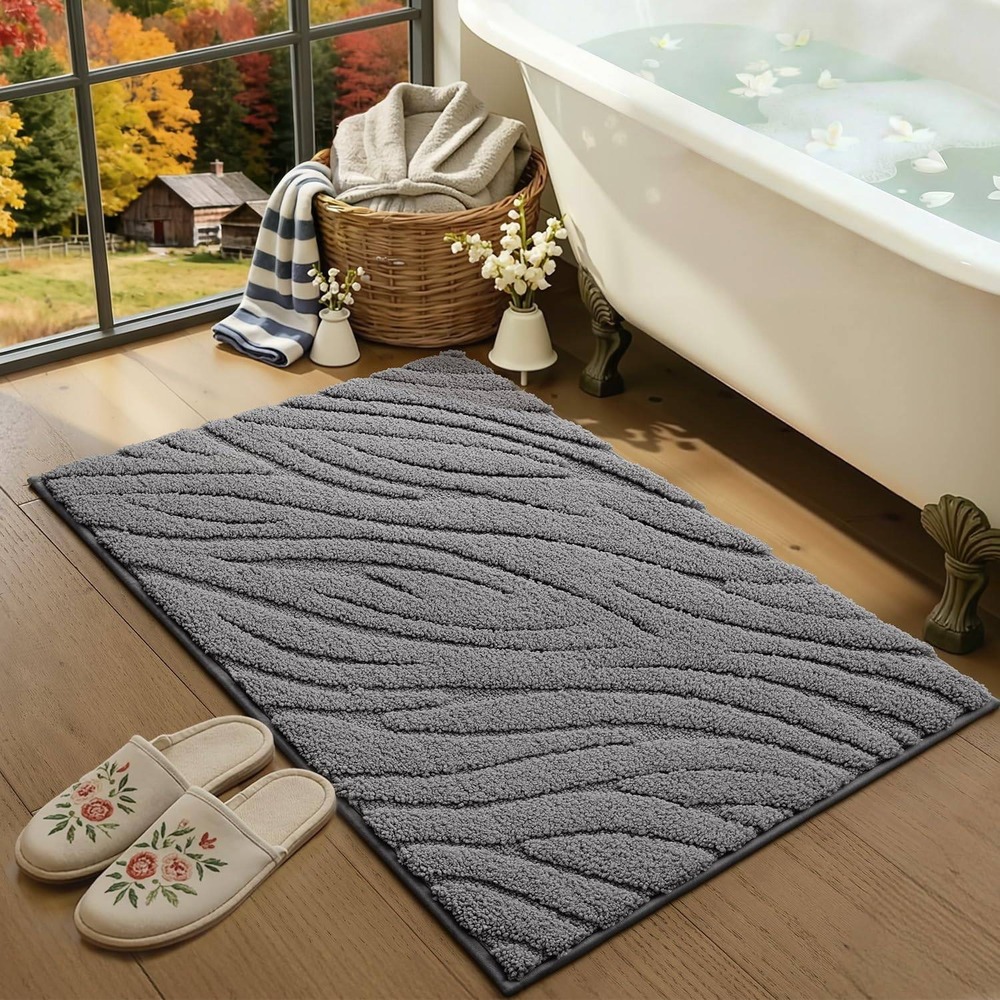 Grey Wavy Textured Microfiber Bath Mat Non-Slip Absorbent Rug 24x43in